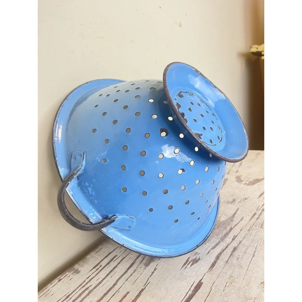 Vintage Enamelware Rustic Colander Strainer Robin’s Egg Blue Made In Poland 13”